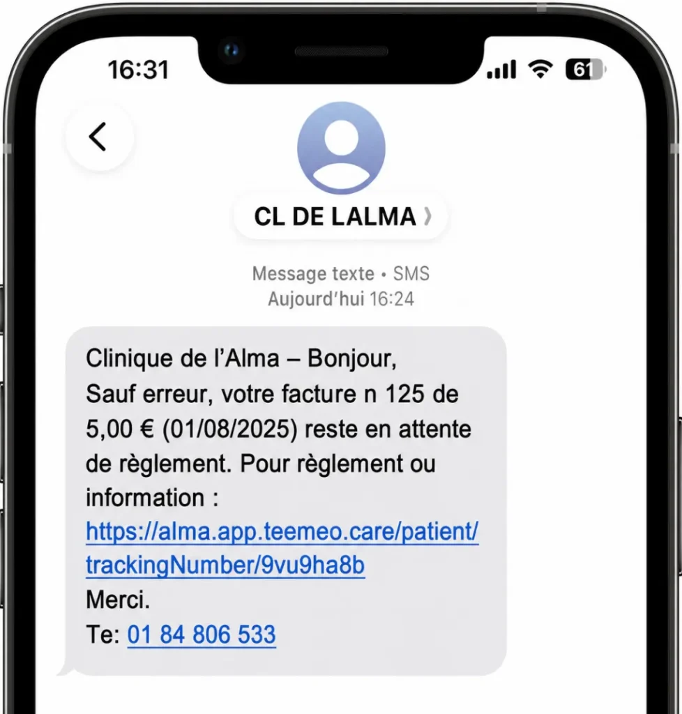 Exemple de SMS de relance envoyé par la Clinique de l'Alma